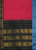 Eos is a traditional pinkish red Gadwal cotton with pure Ganga-Jamuna silk borders in cyan blue and black and pure silk black palla. Pure zari has been used in this authentic handloom Gadwal.
