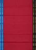 Featuring the body of Eos, Eos is a traditional pinkish red Gadwal cotton with pure Ganga-Jamuna silk borders in cyan blue and black and pure silk black palla. Pure zari has been used in this authentic handloom Gadwal.