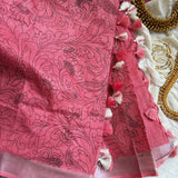 Coral crush - linen sari with Kalamkari outline