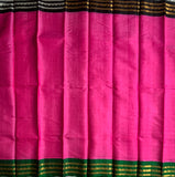 Gulaabi is a traditional Gadwal cotton in rose pink with pure silk Ganga-Jamuna borders in forest green and black and pure silk palla in green.