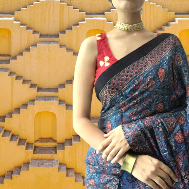 Handcrafted modal silk saree with traditional Ajrakh prints in vegetable  dyes