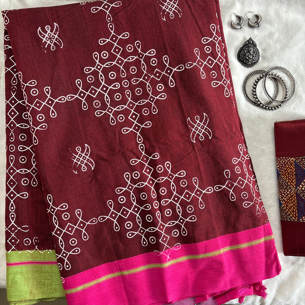 Sushumna Kolam block prints Patteda Anchu cotton saree