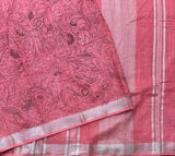 Coral crush - linen sari with Kalamkari outline
