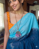 Neeli Meghamulalo mul cotton plain saree with kolam - The Maggam Collective