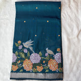 Mira intricate cross stitch roses on handwoven silk Mangalgiri