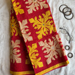 Kanmani Red saree with yellow & beige appliqué