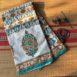 Gendaphool hand block printed mul cotton saree with blouse