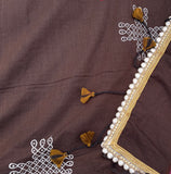 Cocoa Gleam mul cotton plain saree with kolam block prints - The Maggam Collective