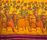 Godhuli Pichwai on yellow and maroon kanjivaram silk with thread border