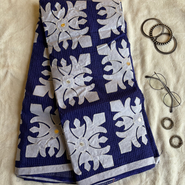 Meghna Navy blue saree with white appliqué