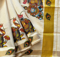 Radha Mural motifs Kasavu cotton saree