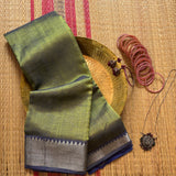 Green day handwoven Mangalgiri silk sari with blouse - The Maggam Collective