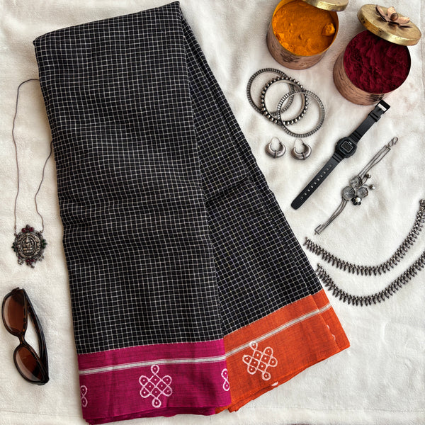 Rishika handwoven Patteda Anchu saree with kolam print
