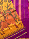 Godhuli Pichwai on yellow and maroon kanjivaram silk with thread border
