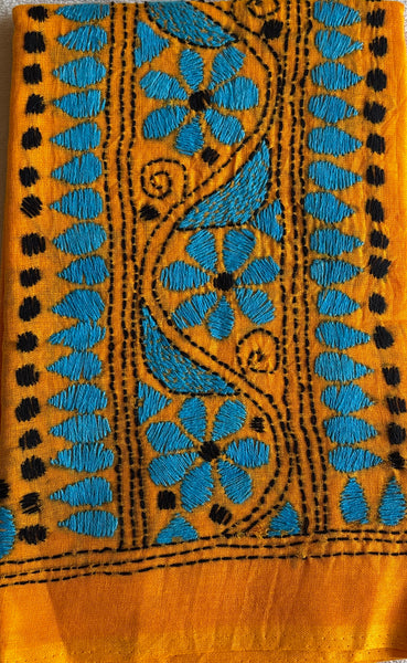 Yellow hand embroidered Kantha blouse fabric 0.8m