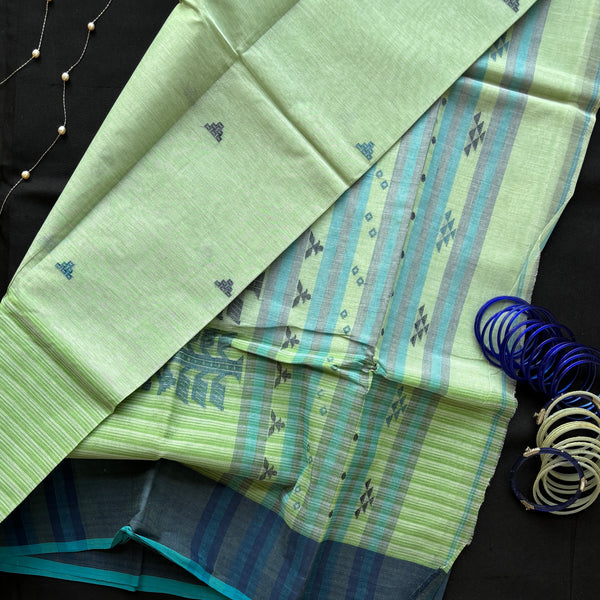 Green skies, blue grass handwoven cotton Tangail saree