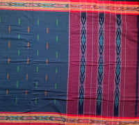 Ocean deeps - handwoven cotton saree, Ikat border motifs