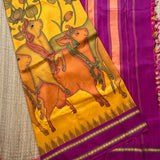 Godhuli Pichwai on yellow and maroon kanjivaram silk with thread border