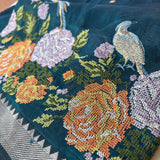 Mira intricate cross stitch roses on handwoven silk Mangalgiri