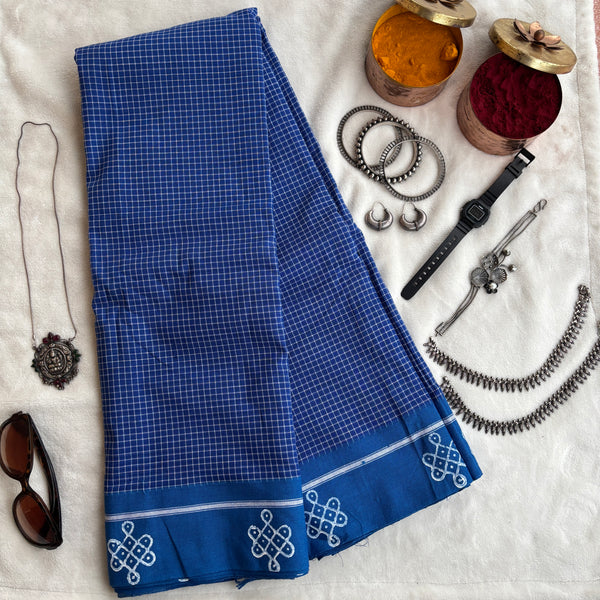 Neela handwoven Patteda Anchu saree with kolam print