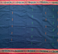 Ocean deeps - handwoven cotton saree, Ikat border motifs