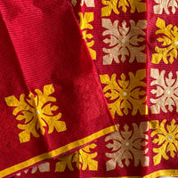 Kanmani Red saree with yellow & beige appliqué