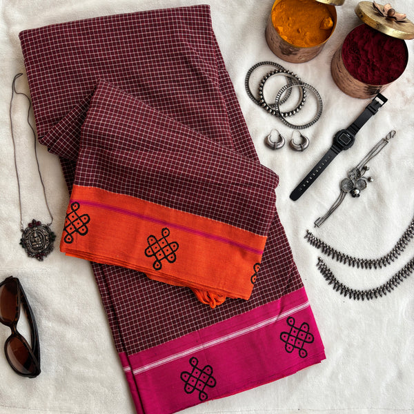 Priyamani handwoven Patteda Anchu saree with kolam print