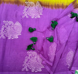 Verdant Whisper mul cotton plain saree with Annam block prints - The Maggam Collective