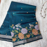 Mira intricate cross stitch roses on handwoven silk Mangalgiri