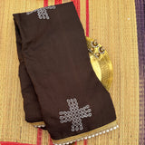 Cocoa Gleam mul cotton plain saree with kolam block prints - The Maggam Collective