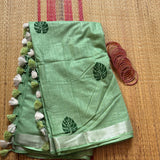 Fizzy apple linen sari with Monstera leaf print - The Maggam Collective