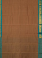 Sepia handwoven gadwal cotton saree with sea green coloured pure silk borders. The palla is pure silk too. Pure zari has been used in hand-weaving this saree. These sarees are now a rare find and are an heirloom weave. Shop this vintage weave now! 