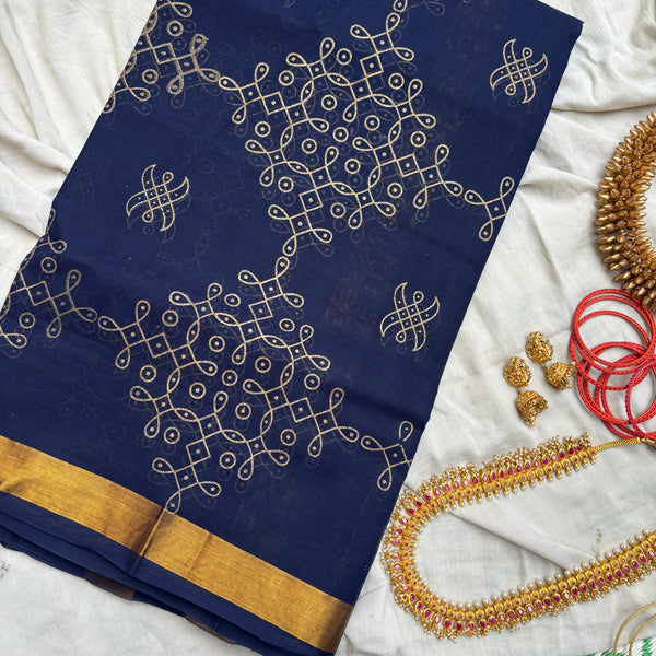 Samhitha Handwoven Venkatagiri saree with slim border and golden block printed kolams