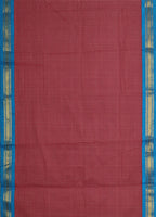 Ahalya is a traditional Gadwal cotton in light red with pure silk borders and pure silk palla in cyan blue.