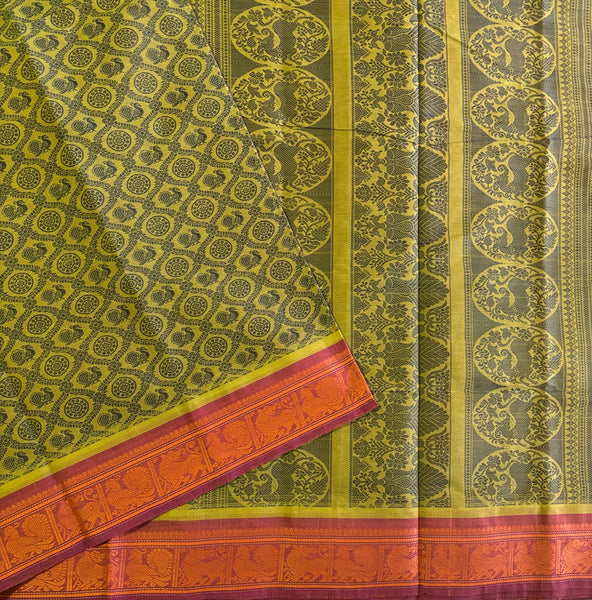 Kanimozhi Kanchi cotton saree annapakshi Rudraksha motifs