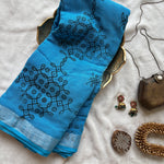 Niloufer Kolam block prints linen saree on sale due to shop dust