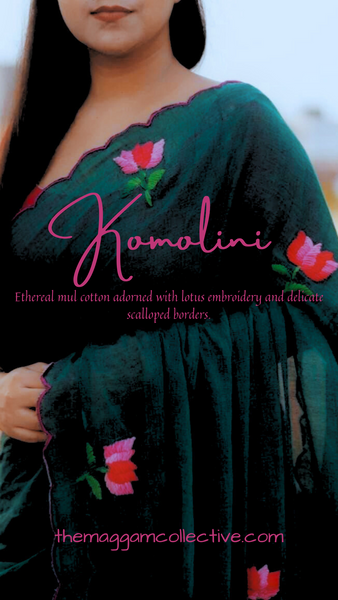 Komolini mul cotton scalloped saree with lotus embroidery