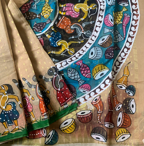 PatralekhA - Jamdani cotton saree with hand painted pattachitra