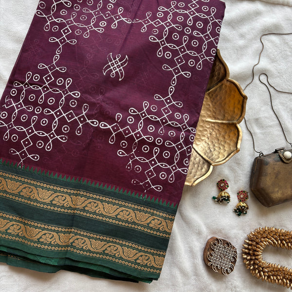 Bhuvaneswari Kolam block prints Chettinad cotton saree