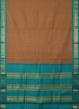 Featuring the sea green pallu and a part of the shoulder drape of the sepia coloured gadwal with sea-green borders.