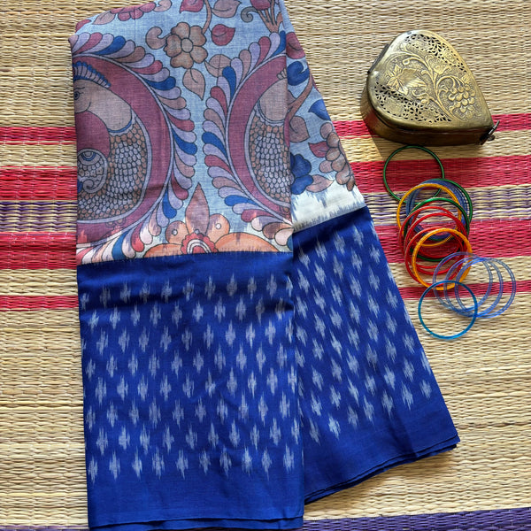Neelotpala Ikat cotton saree with Kalamkari