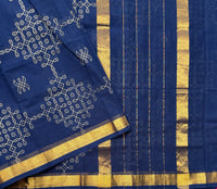 Samhitha Handwoven Venkatagiri saree with slim border and golden block printed kolams