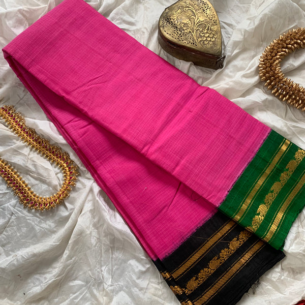 Gulaabi is a traditional Gadwal cotton in rose pink with pure silk Ganga-Jamuna borders in forest green and black and pure silk palla in green.