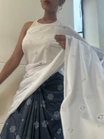 Jeans and white half denim saree half intricate cutwork