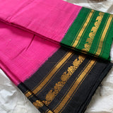 Gulaabi is a traditional Gadwal cotton in rose pink with pure silk Ganga-Jamuna borders in forest green and black and pure silk palla in green.