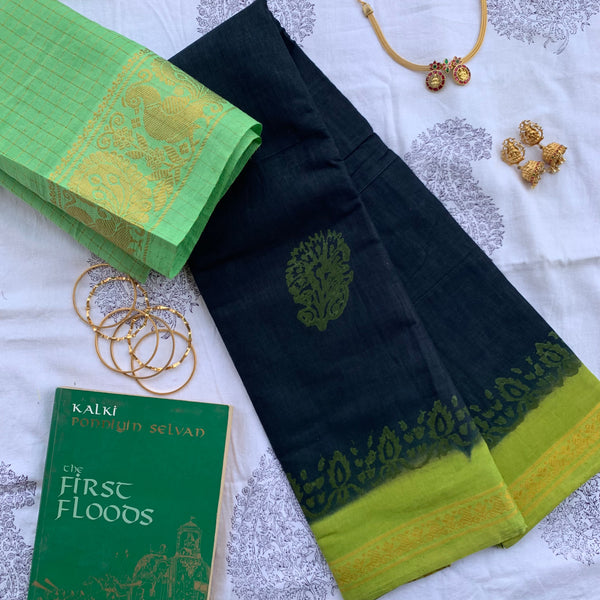 Aishwarya - cotton Sungudi with hand block prints and kattam blouse