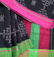 Happy endings - black handloom cotton Patteda Anchu with kolam print