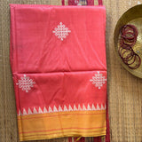 Peaches! Pichwai print and kolam embroidery on Mangalgiri silk - The Maggam Collective