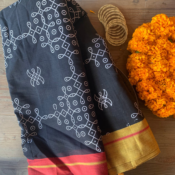 Siyasundari - black handloom cotton Patteda Anchu with kolam print