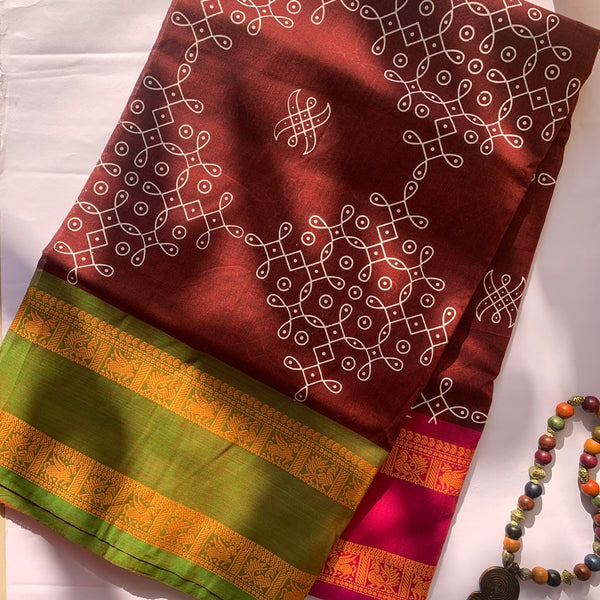 Kanika - Kolam block printed Chettinad cotton saree